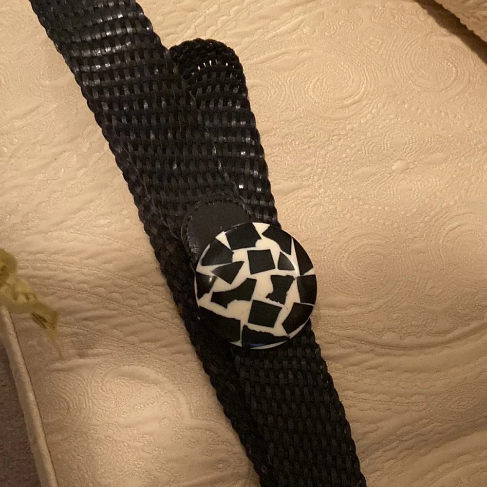 Chico’s Black & White Mosaic Round  Buckle Braided Leather Belt